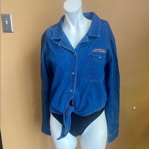 Vtg Harley-Davidson Women's Denim  Crop Tie Waist Snap Front Top Sz L